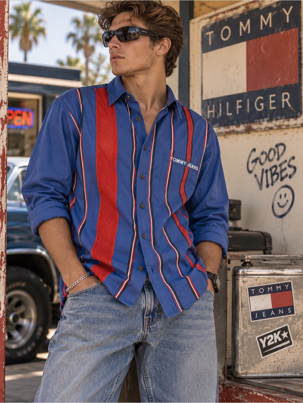 Vintage Y2K Tommy Hilfiger Jeans Shirt Striped Front L Thin Mesh Accent #1195CL